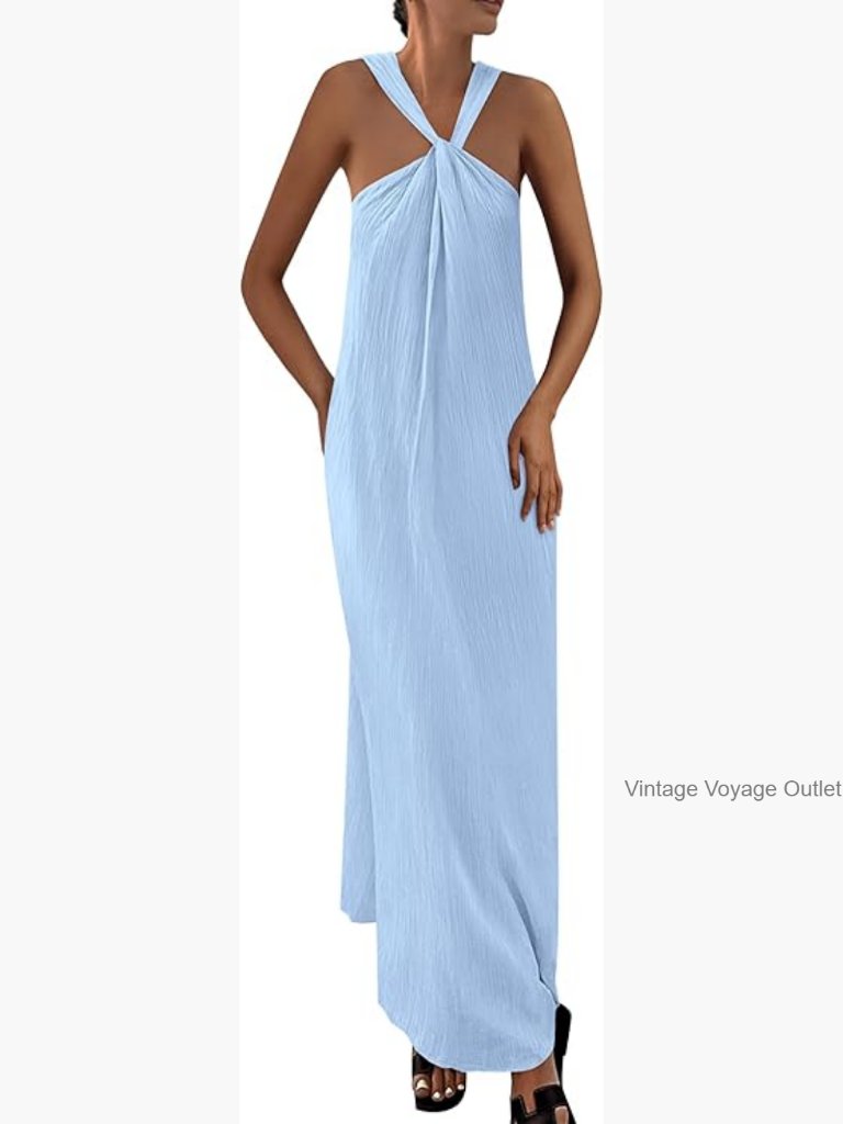 Sleeveless Maxi Dress With Pockets, Loose Fit, Strappy Backless Summer Beach